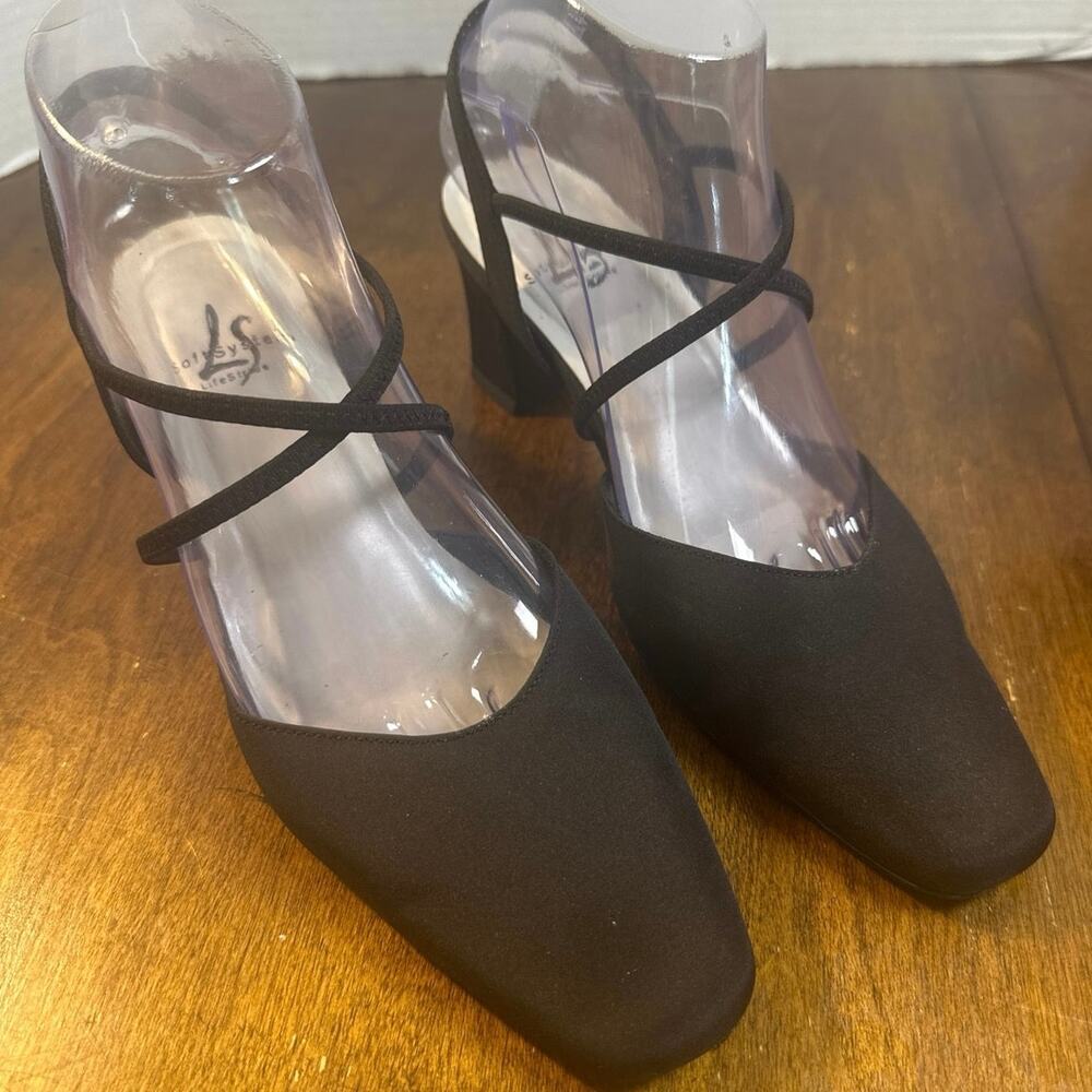 Vintage Black satin slingback heels crossover strap low block heel womens size 8